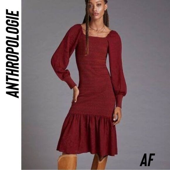ANTHROPOLOGIE SMOCKED PUFF KNIT MIDI DRESS IN WINE NEW LARGE - Picture 3 of 7